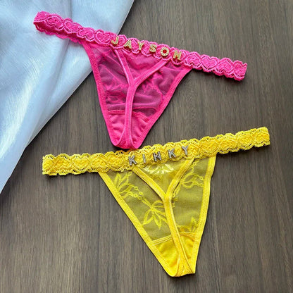 Personality Custom Name Crystal Letter Thong Lace Bikini Panties G-String Low Waist Briefs Sexy Body Jewelry for Hot Wife Gift