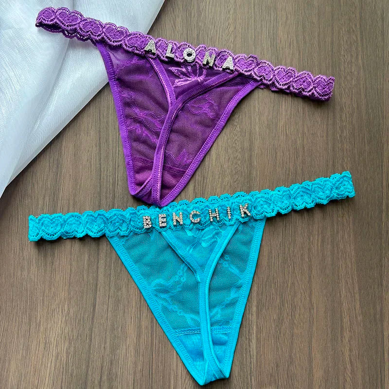 Personality Custom Name Crystal Letter Thong Lace Bikini Panties G-String Low Waist Briefs Sexy Body Jewelry for Hot Wife Gift